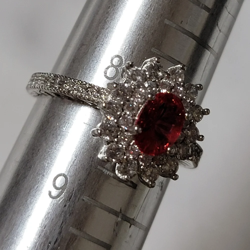 Gorgeous Halo Ruby and White Sapphire Simulated Stone Silver Tone Ring